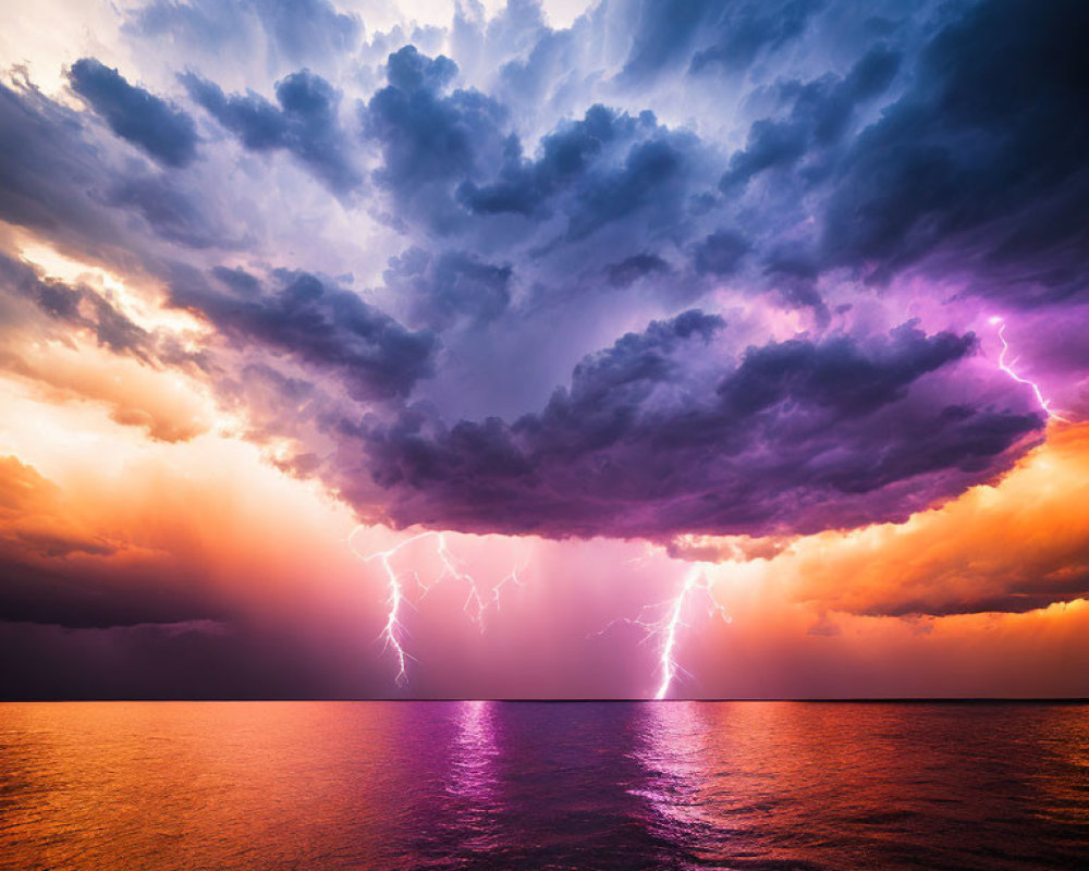 Vibrant thunderstorm with purple clouds and lightning bolts over orange horizon