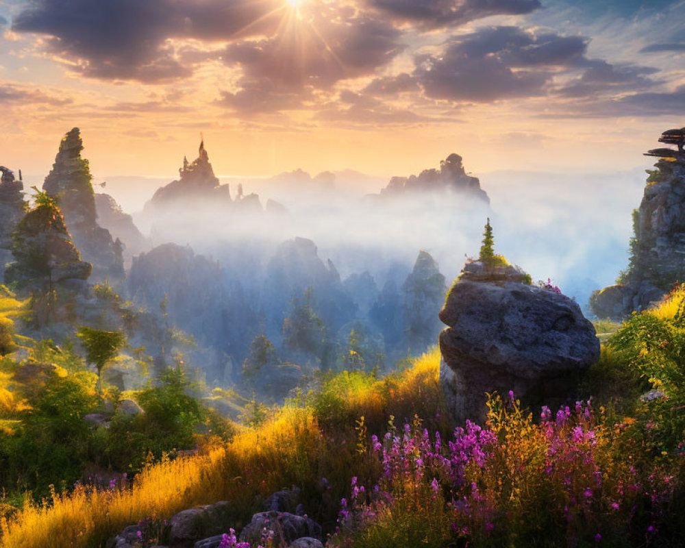 Mystical landscape with rocky peaks, castle, and foggy sunset.