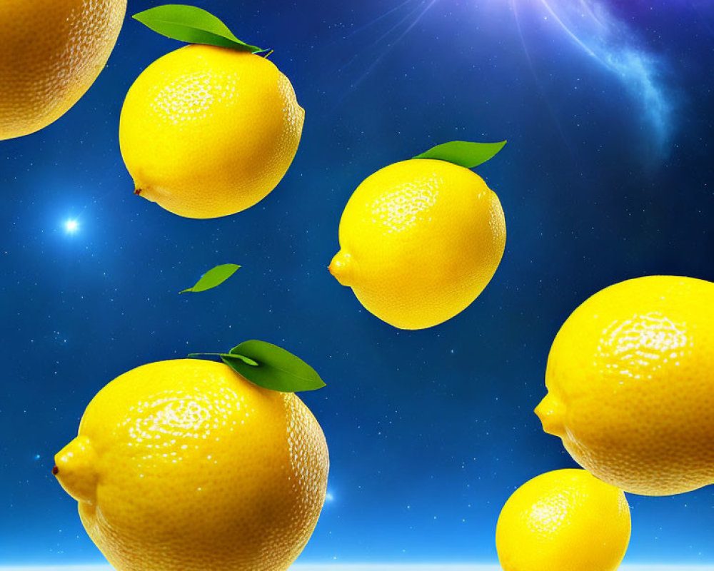 Yellow lemons and green leaves in cosmic sky with stars and sunlight