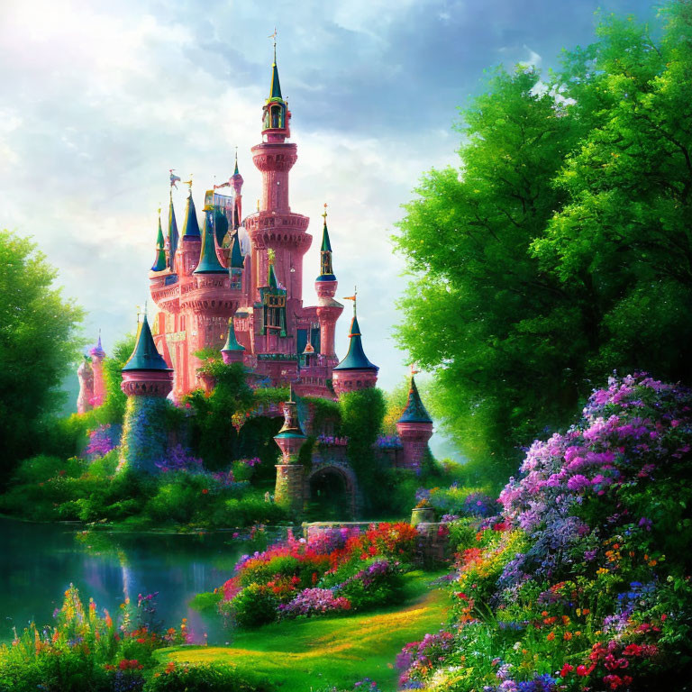 Fairytale castle surrounded by lush greenery and colorful flowers