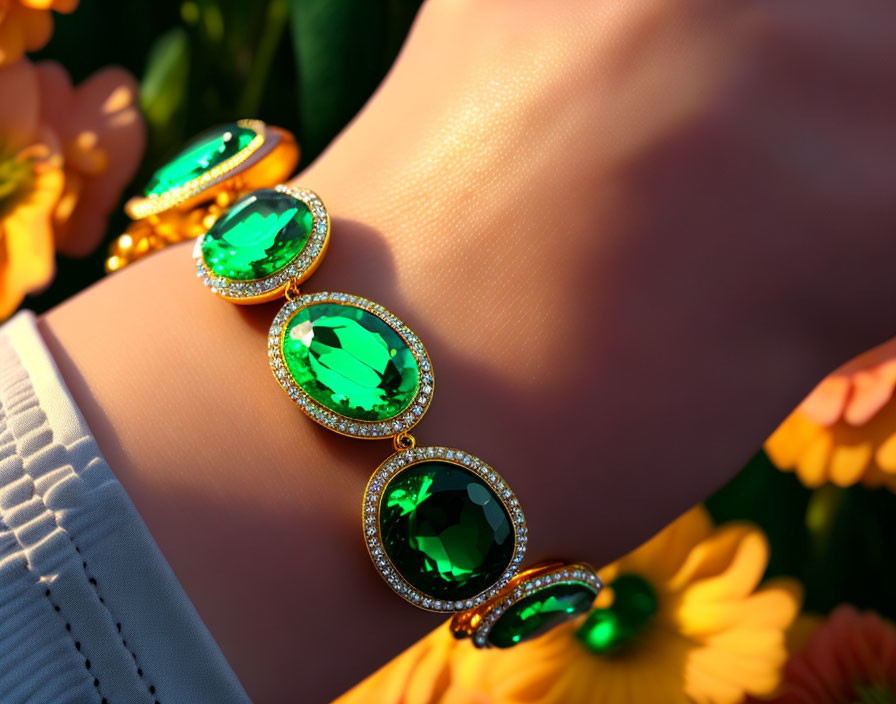 Green Gemstone and Diamond Bracelet on Wrist with Yellow Flowers