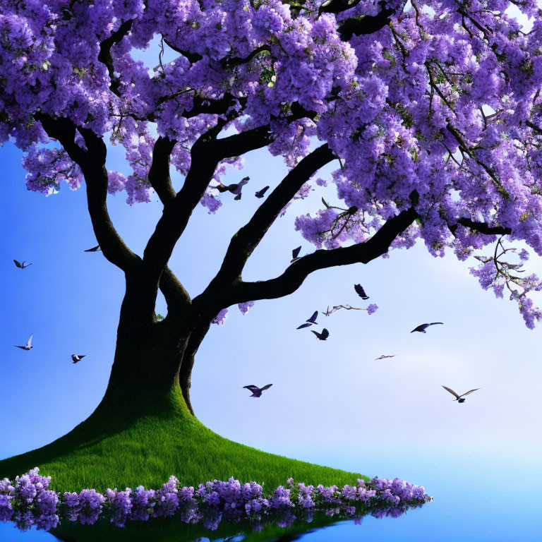 Blooming cherry blossom tree on lush hill with birds in blue sky