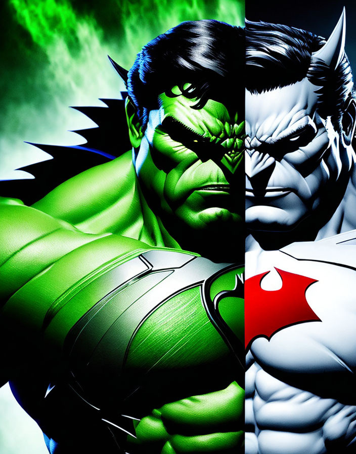 Superheroes Hulk and Batman split image with contrasting backgrounds.