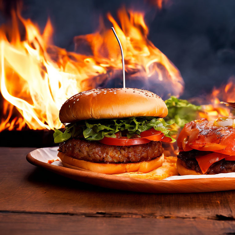 Succulent Cheeseburger with Lettuce, Tomato, and Beef Patty on Wooden Plate