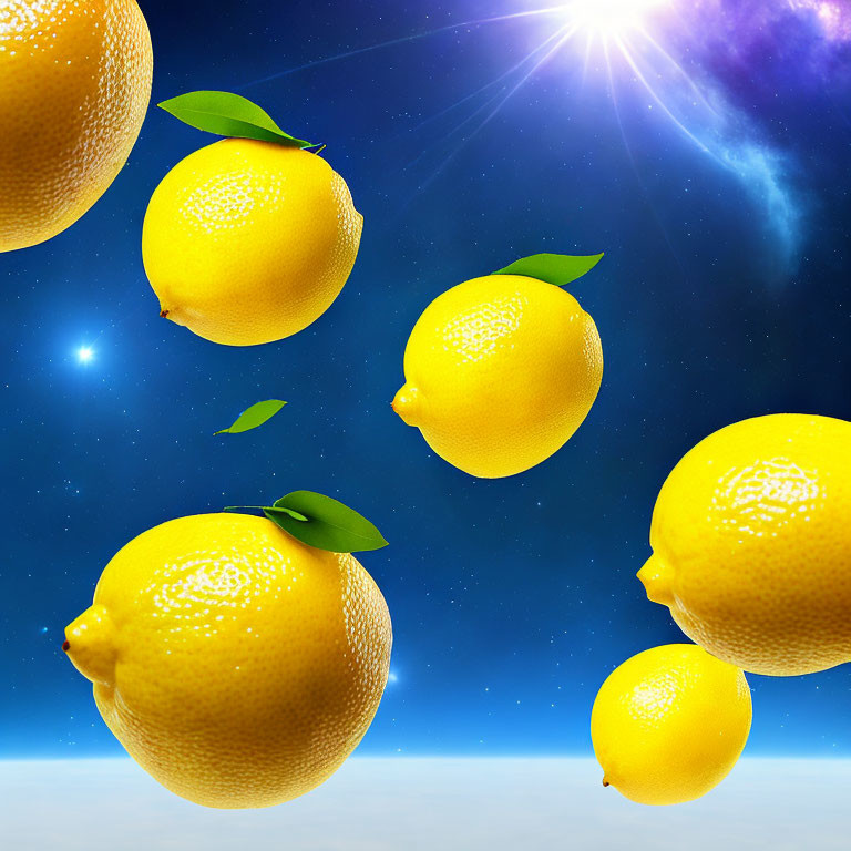 Yellow lemons and green leaves in cosmic sky with stars and sunlight