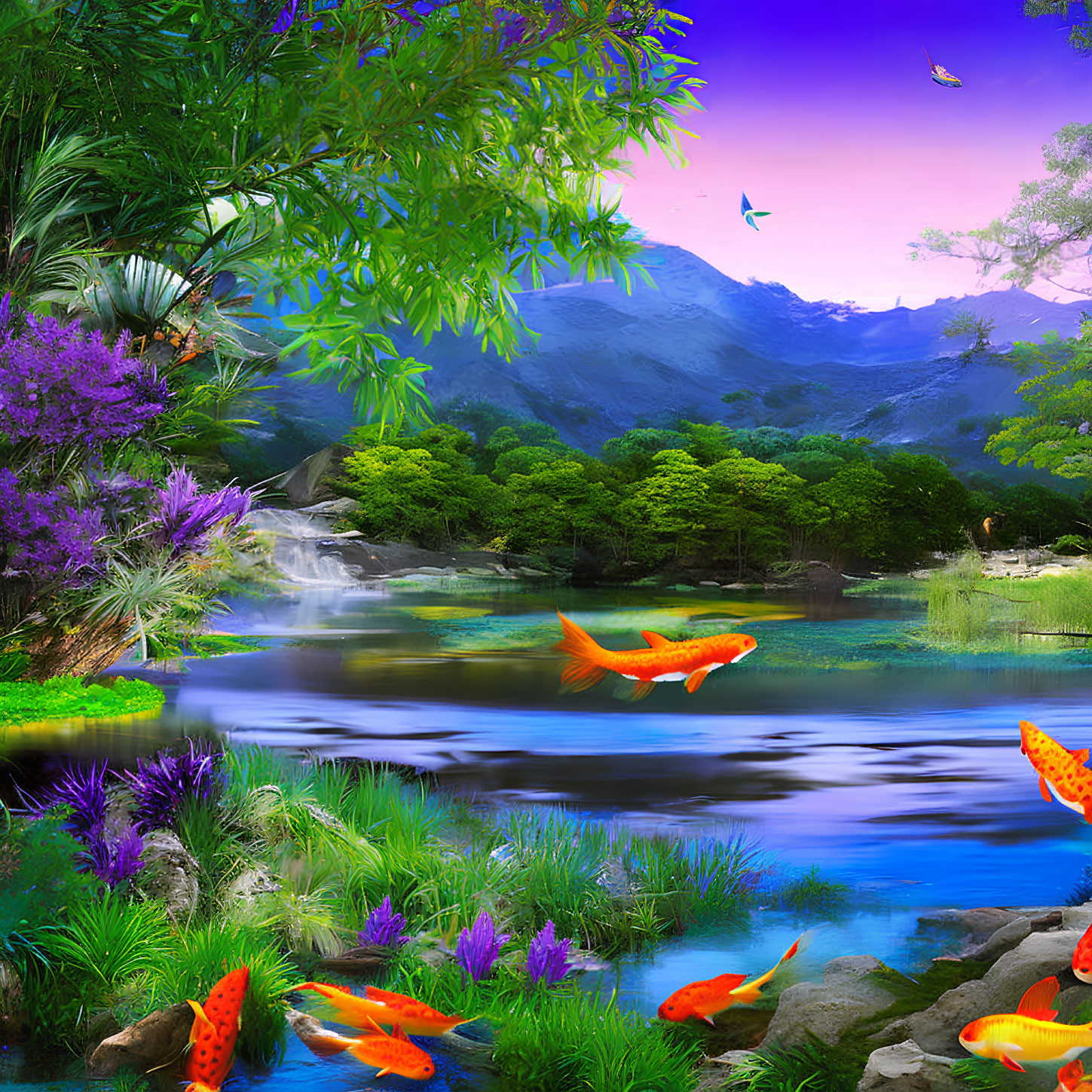 Surreal landscape with oversized koi fish, river, waterfall, lush foliage, and purple mountain