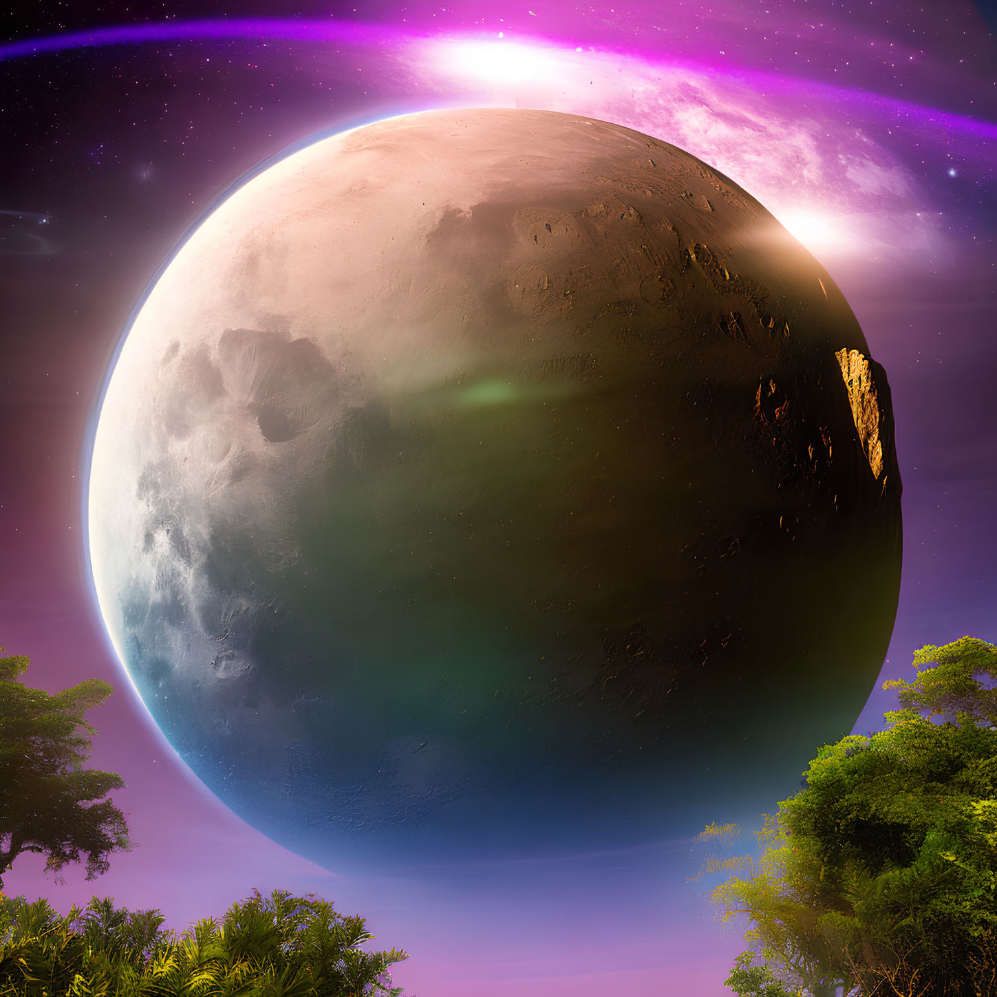 Colorful Space Artwork: Large Alien Planet Over Tropical Forest