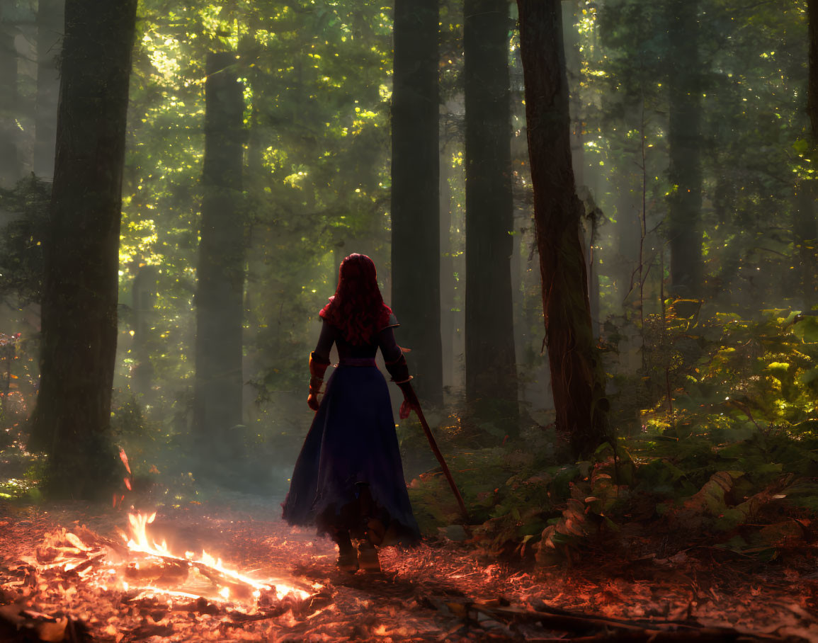 Red-haired person in medieval attire by forest fire in misty woods