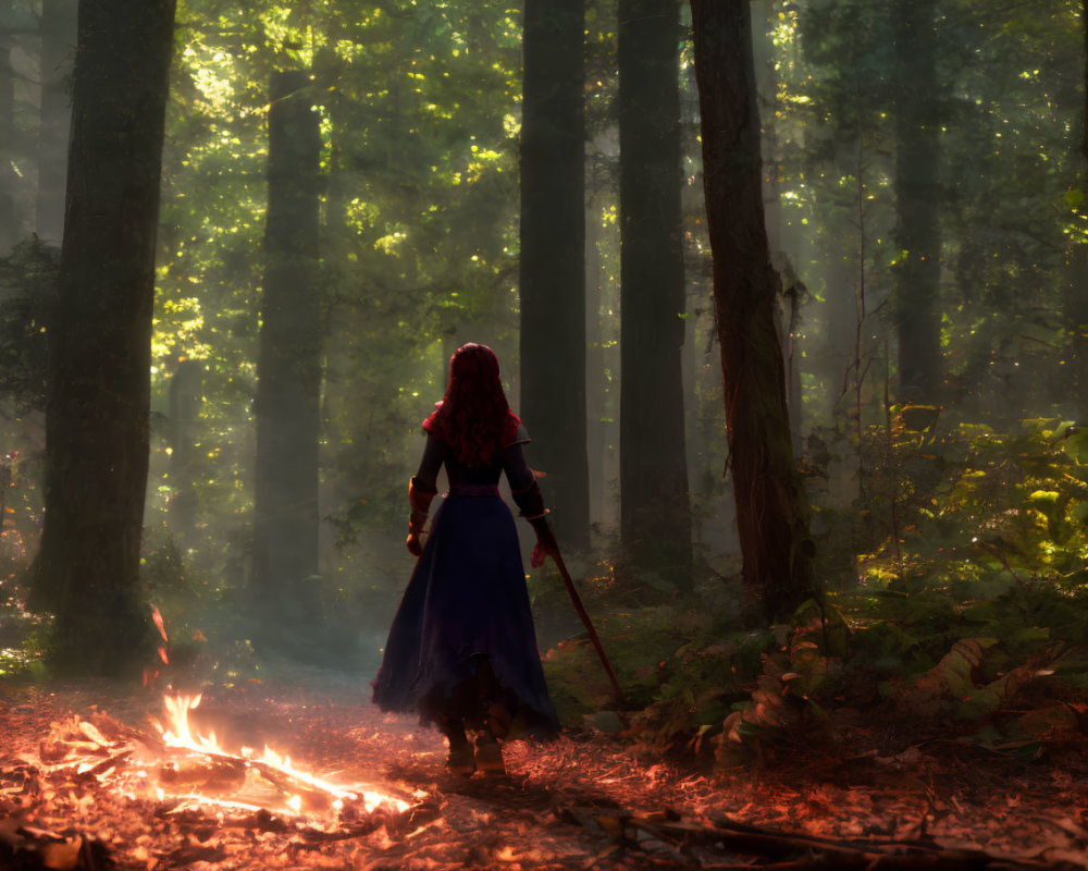 Red-haired person in medieval attire by forest fire in misty woods