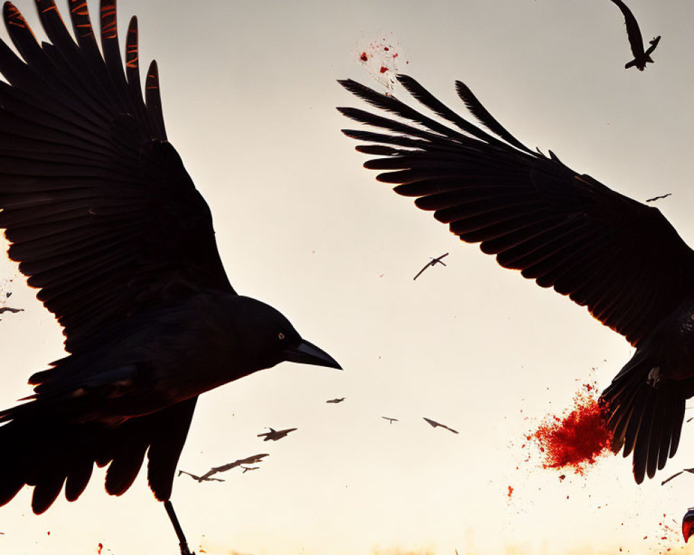 Large birds soaring in fiery sky with scattered debris