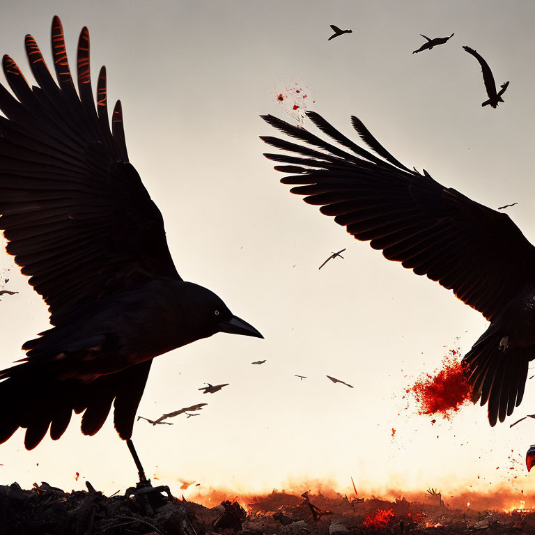 Large birds soaring in fiery sky with scattered debris