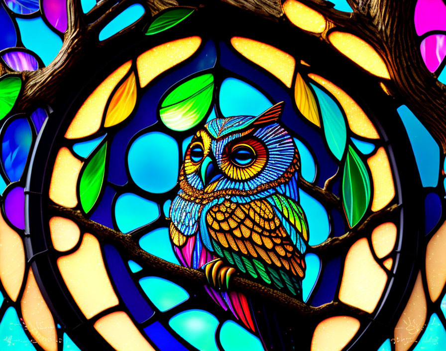 Colorful Stained Glass Window with Owl and Branch