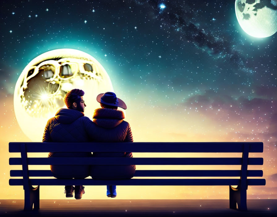 Couple admiring surreal moon in starry sky