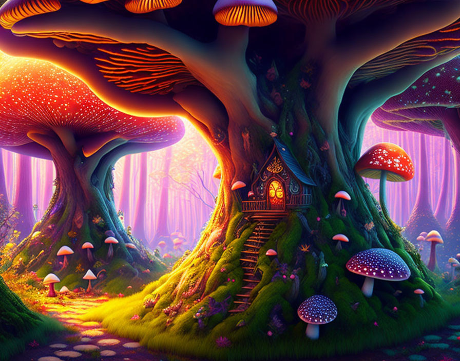 Enchanted forest with glowing oversized mushrooms and cozy tree house