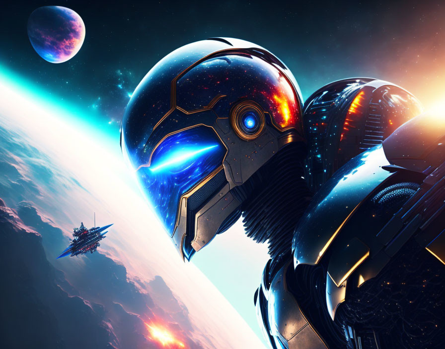 Sci-fi humanoid robot illustration with glowing eyes, spaceship, and distant planet