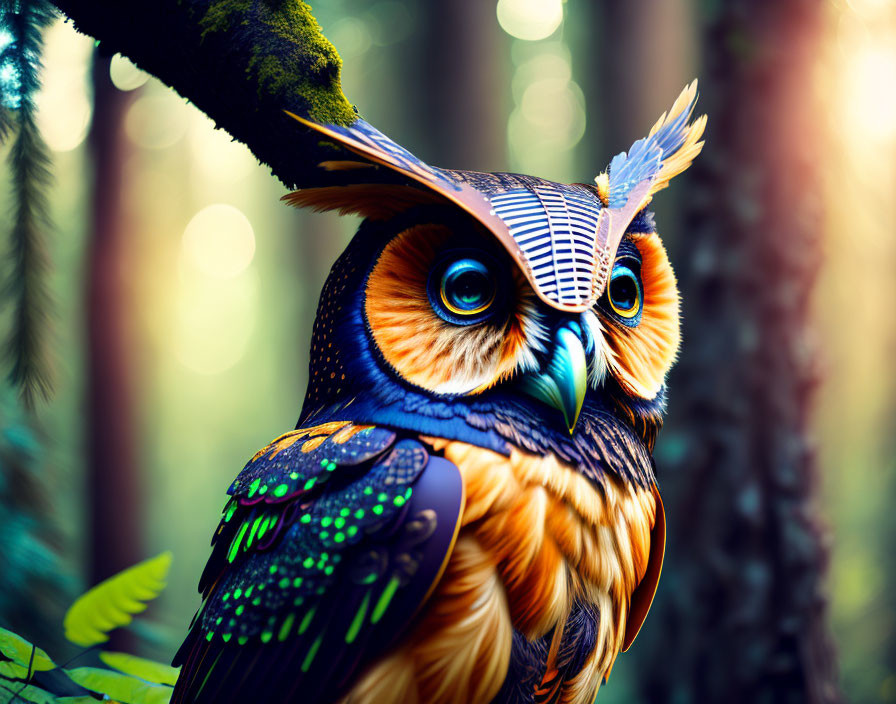 Colorful Owl Perched on Branch in Forest with Intricate Patterns