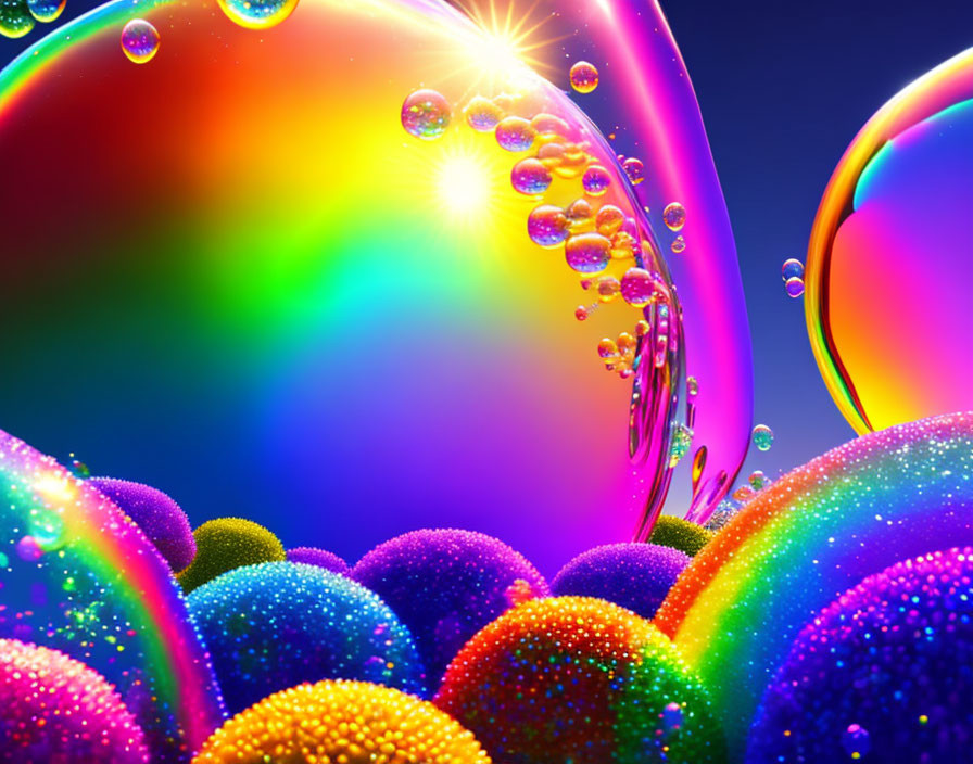 Colorful Reflective Spheres and Bubbles on Dark Background