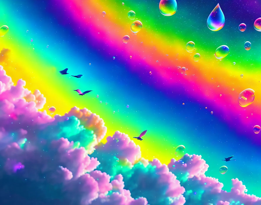 Colorful sky with clouds, water droplets, birds, and rainbow gradient.