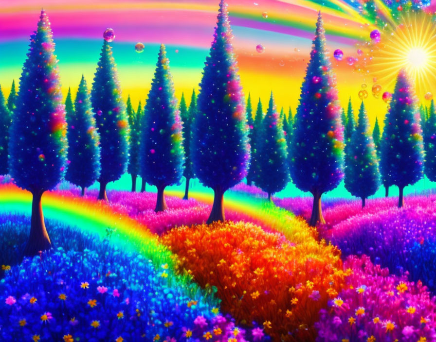 Colorful Landscape with Rainbow Skies and Sparkling Trees