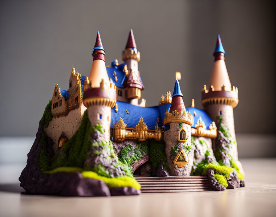 Detailed miniature castle with blue rooftops and intricate walls amidst greenery and soft lighting.