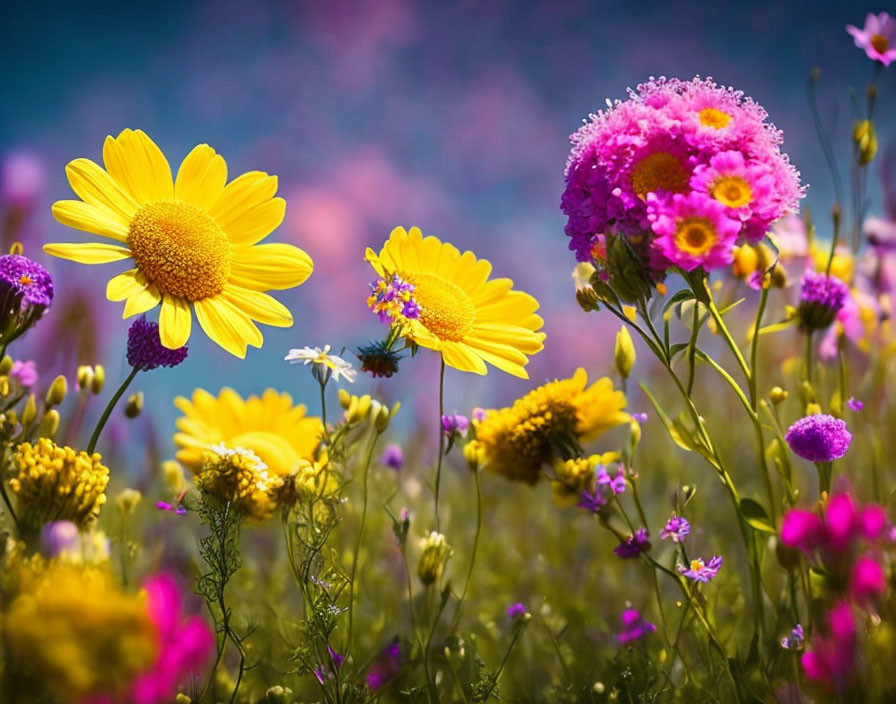 Colorful yellow and pink flowers in vibrant meadow under blue sky