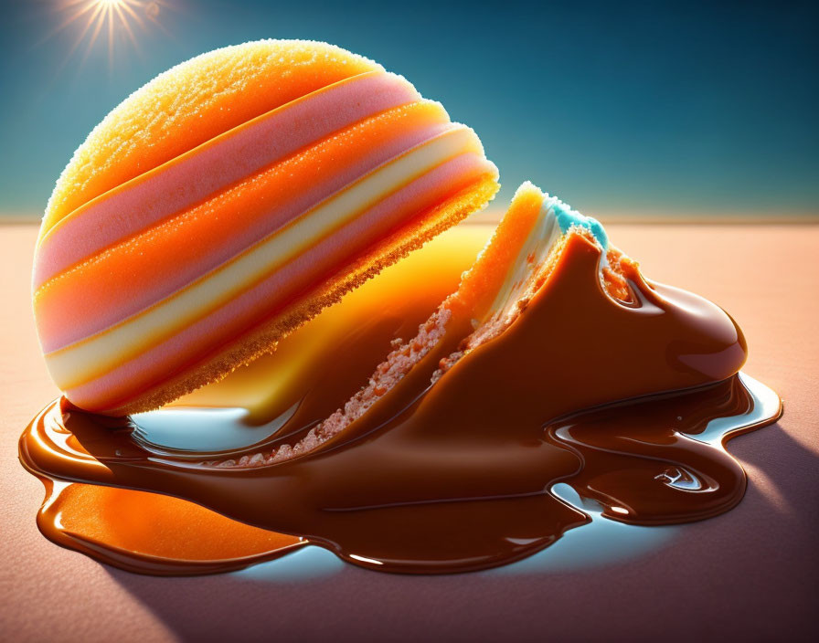 Striped Sphere Melting into Caramel Pool on Warm Background