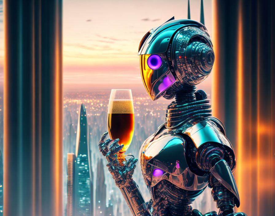 Futuristic robot with reflective body and helmet holding champagne glass on high-rise building at sunset