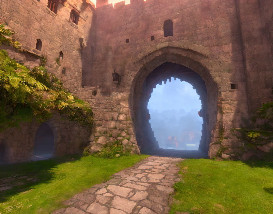 Stone Pathway to Medieval Castle Gate with Village in Foggy Distance