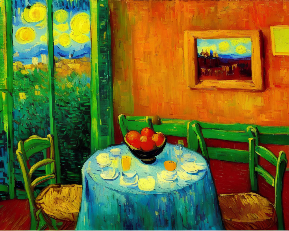 Vibrant expressionist painting of interior scene with set table and fruit bowl