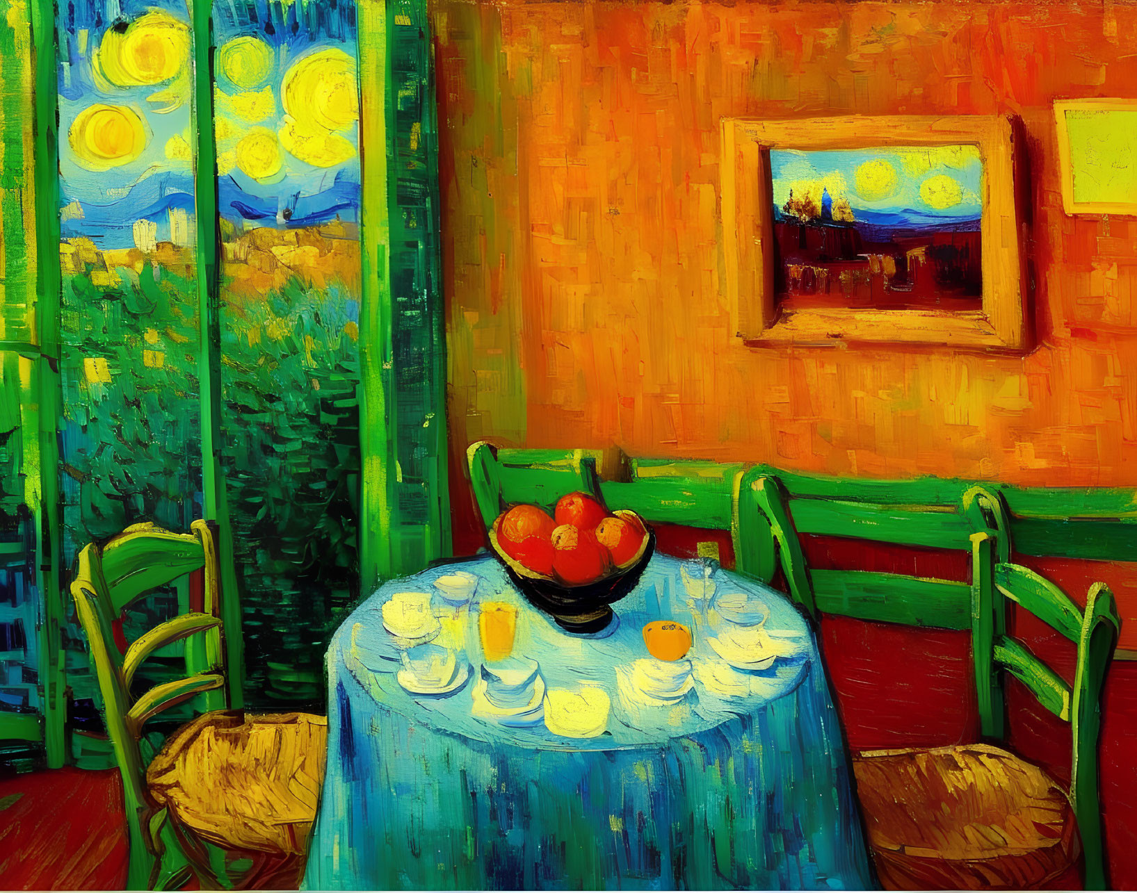 Vibrant expressionist painting of interior scene with set table and fruit bowl