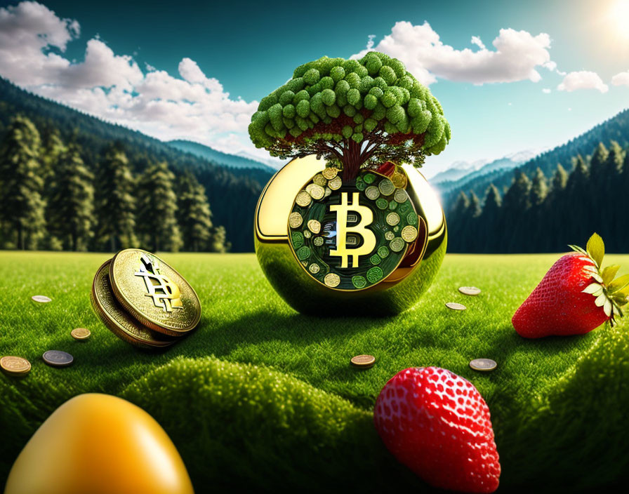 Surreal landscape with Bitcoin-themed tree and golden coin in grassy field