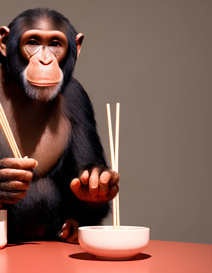 Contemplative chimpanzee with chopsticks above bowl on red surface