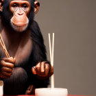 Contemplative chimpanzee with chopsticks above bowl on red surface