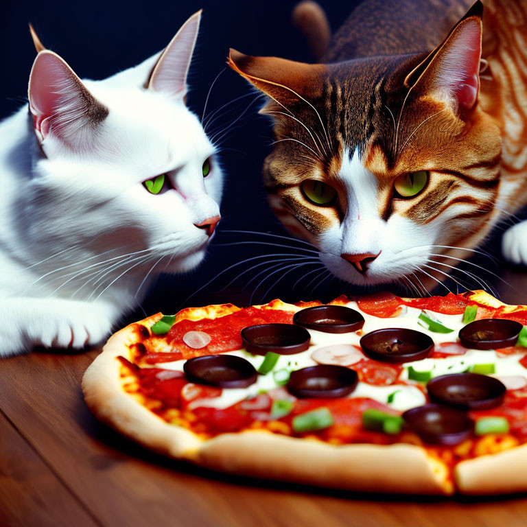 Two cats with green eyes staring at pepperoni pizza with olives on wood.