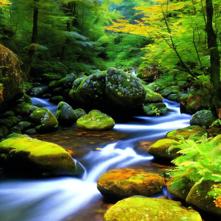 Tranquil stream with moss-covered rocks and vibrant foliage