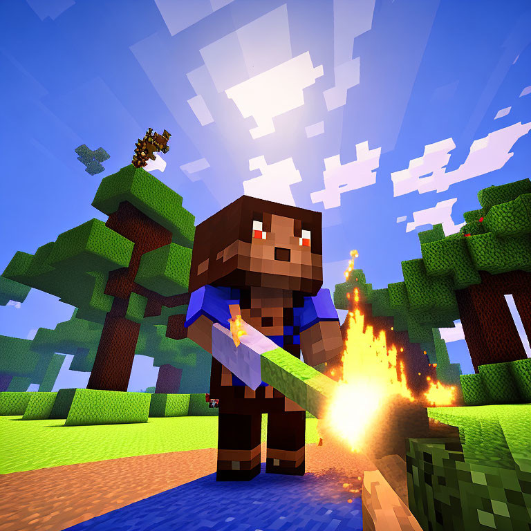 Minecraft character holding flaming object in pixelated forest landscape