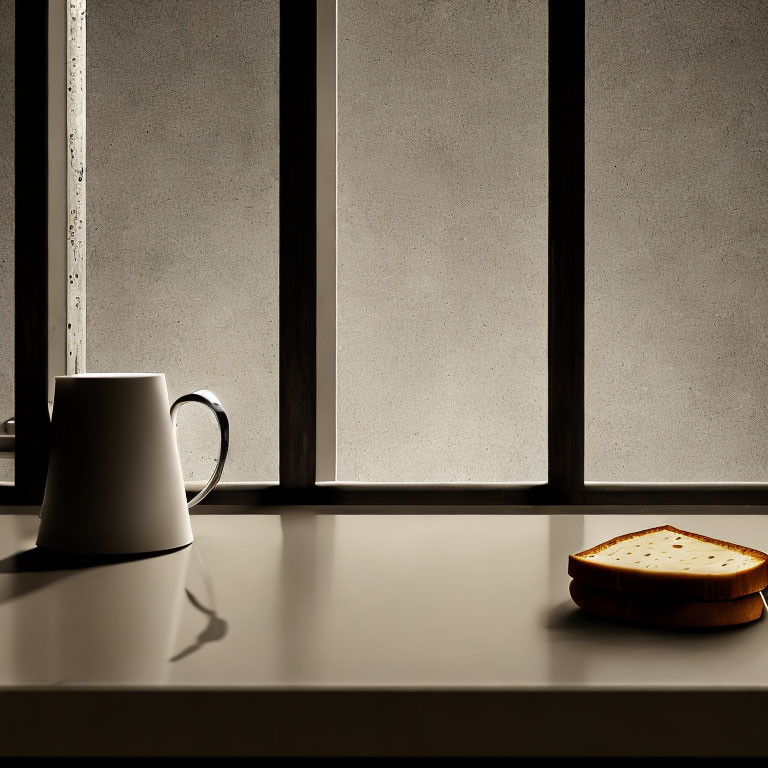 White mug and bread slice on table in natural light with window shadows