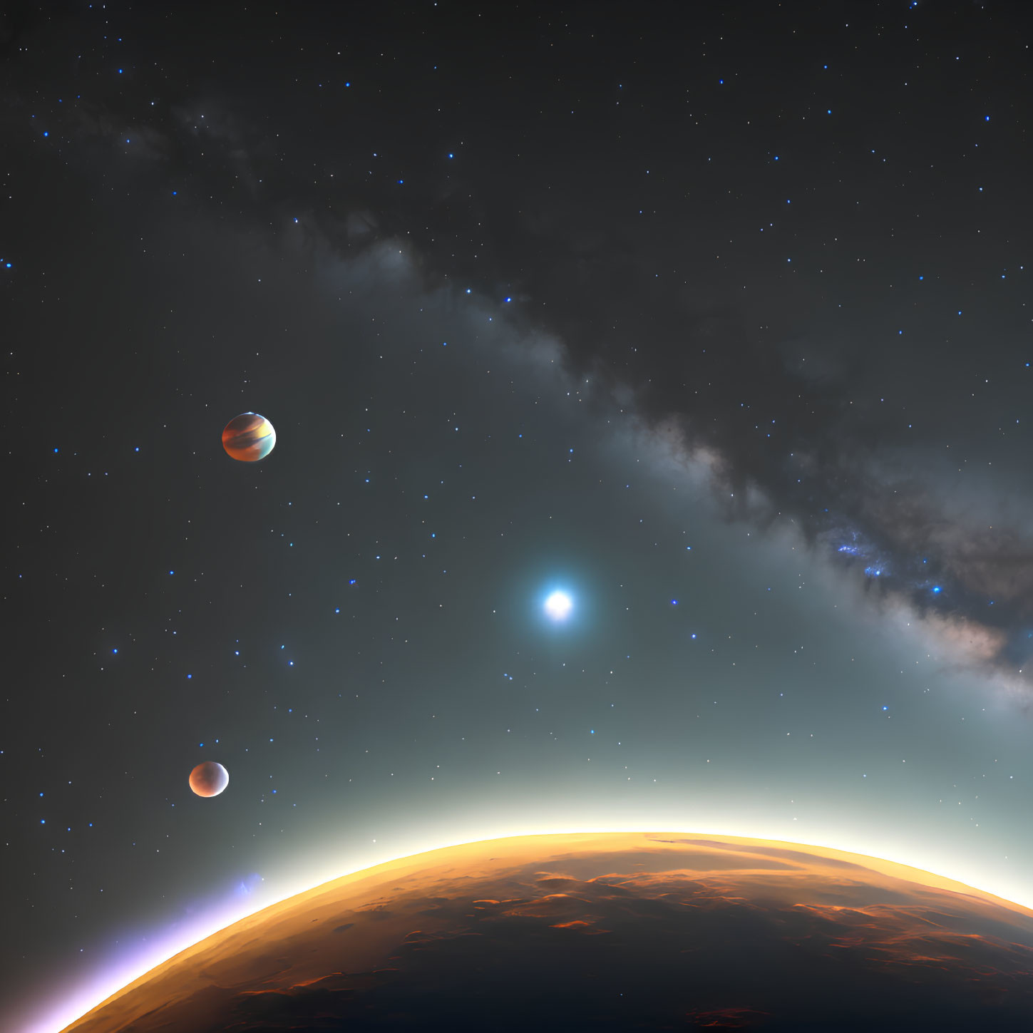 Curved planetary horizon with sunrise, stars, and distant planets