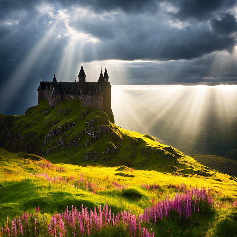 Majestic castle on lush green hill under dramatic sky