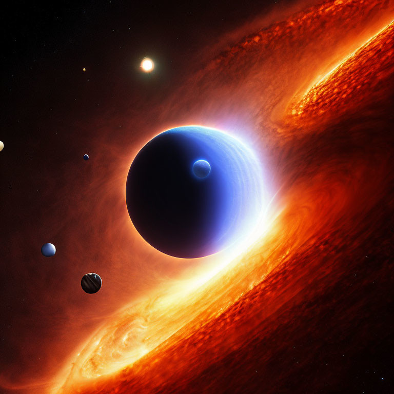 Colorful Space Illustration: Blue Planet, Moon, Celestial Bodies, Orange Nebula