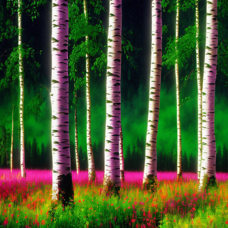 Lush forest with white-barked birch trees and pink wildflowers