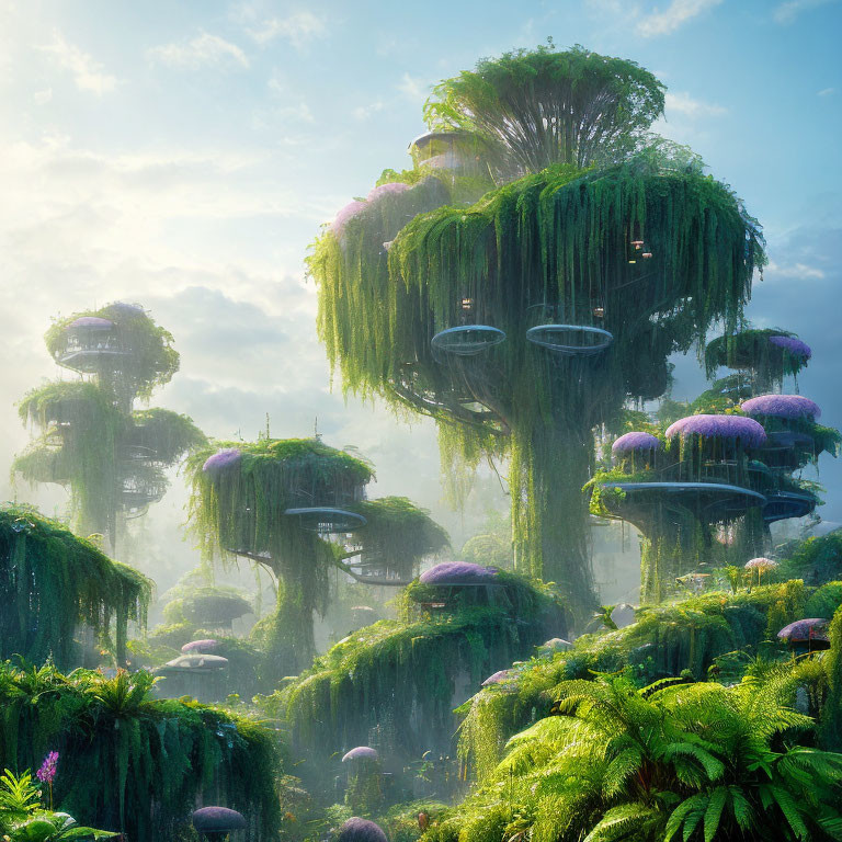 Verdant landscape with towering trees, vines, and purple mushrooms in soft light