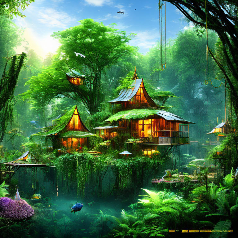 Vibrant greenery and whimsical treehouses in a fantastical forest