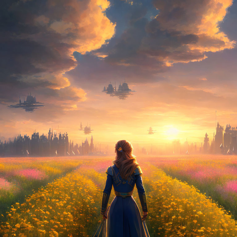 Woman in Blue Cloak Surrounded by Flowers and Floating Castles at Sunset