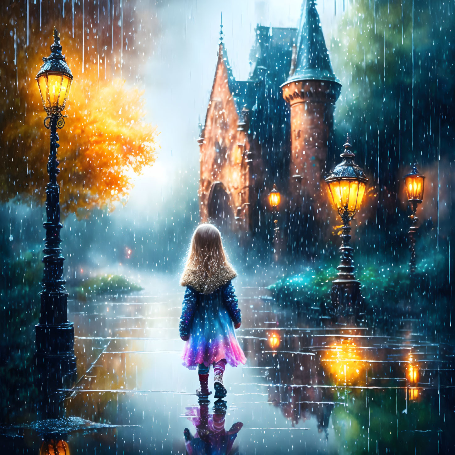 Child in Colorful Skirt Gazes at Castle-Like Building on Rainy Cobblestone Path