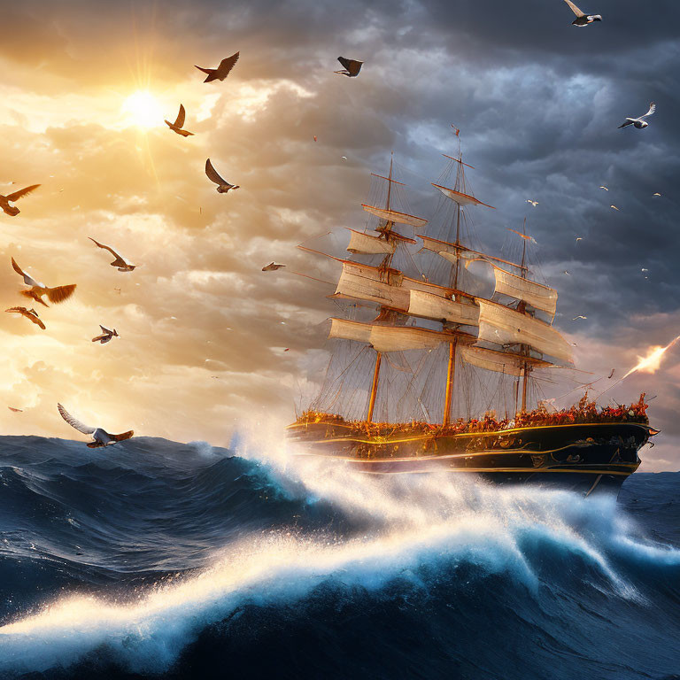 Tall ship with full sails in turbulent seas at sunset surrounded by flying birds