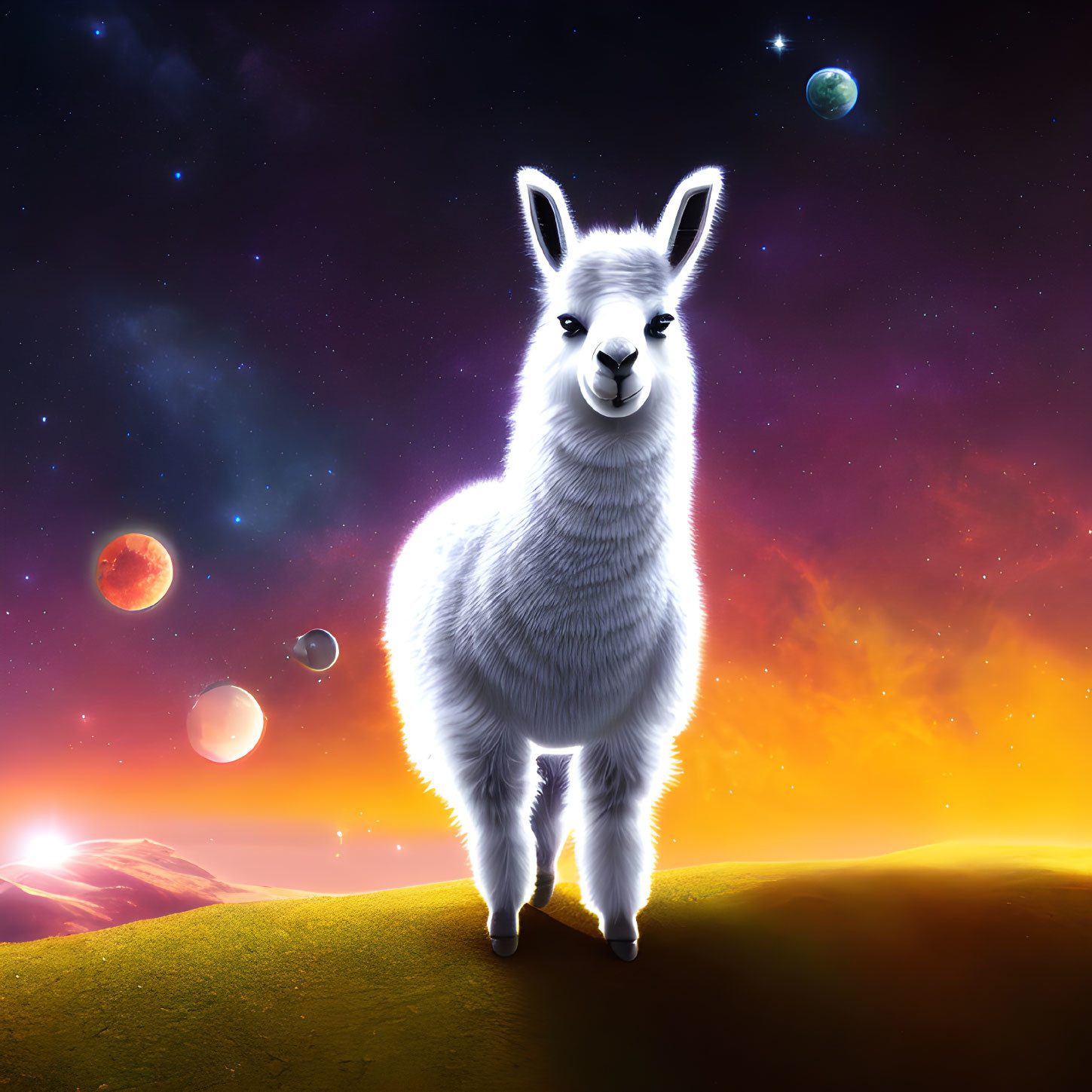 White llama in cosmic landscape with planets and nebula