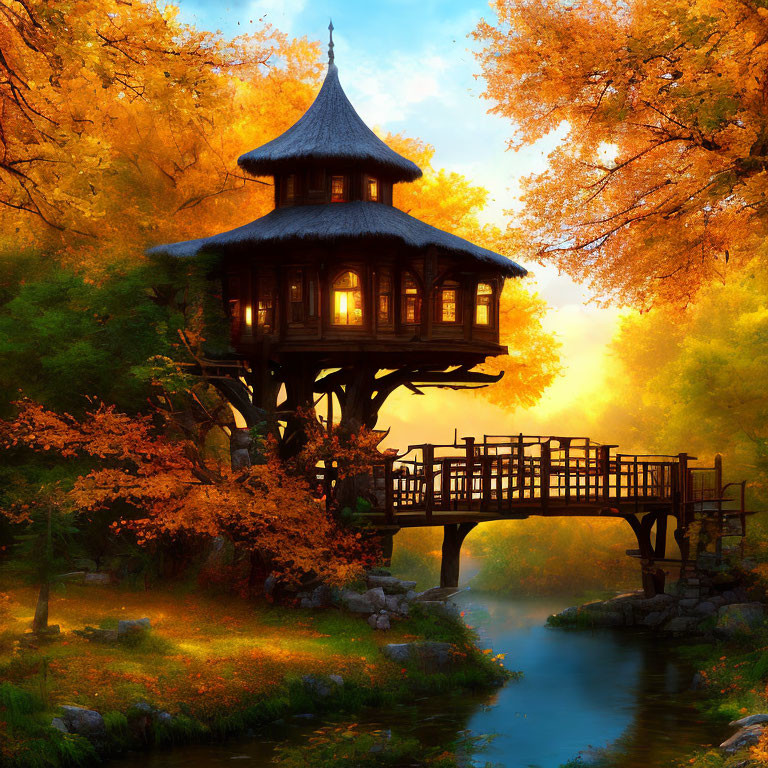 Tranquil autumn treehouse among vibrant foliage by stream