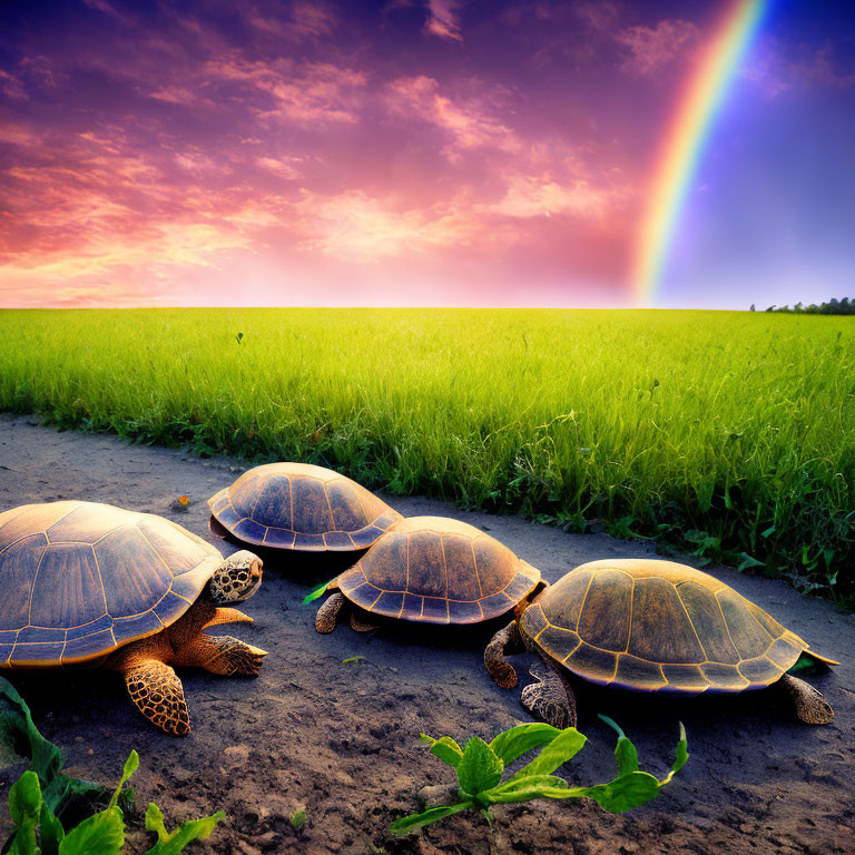 Four Turtles in Green Field Under Vibrant Rainbow at Sunset