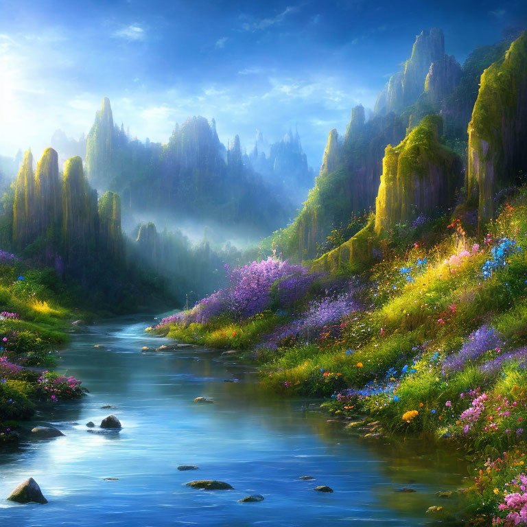 Tranquil fantasy landscape with river, wildflowers, cliffs, and golden sky